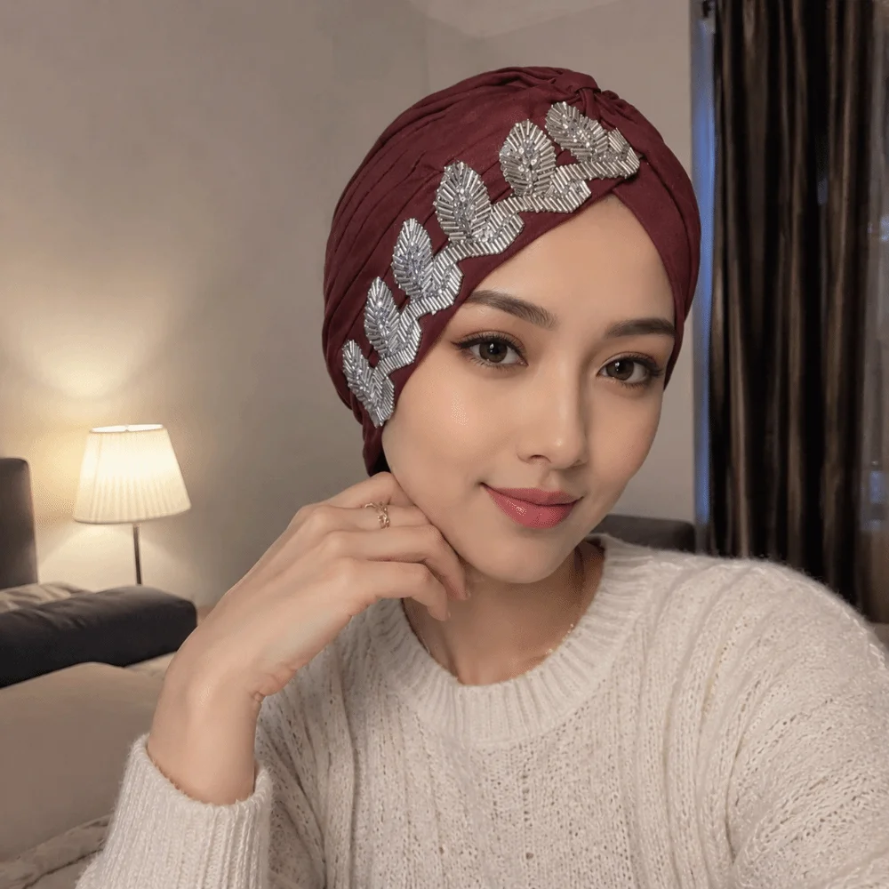 Casual Solid Color Side Leaf Rhinestones Headscarf Elegant Breathable Cross Knot Headwrap Soft Versatile Headwrap Hat Party