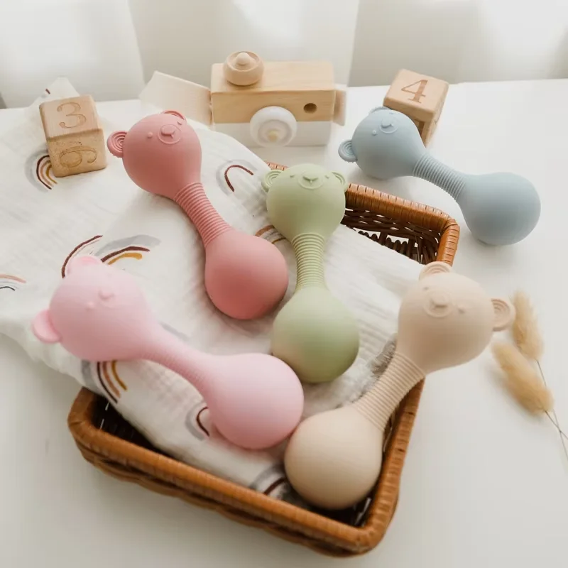 Sonajeros para bebé, Maracas de silicona, juguetes de oso de dibujos animados, martillo de arena, juguetes para bebé de 0 a 12 meses, sonajero, juguetes mordedores de silicona para regalo de bebé