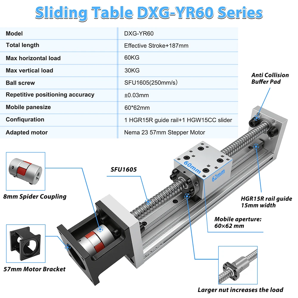 60mm Wide CNC Mini BallScrew SFU1605 Sliding Table Single Rail Stage 0.03mm Linear Actuator 60KG Load Nema23 57 Motor/60mm Servo
