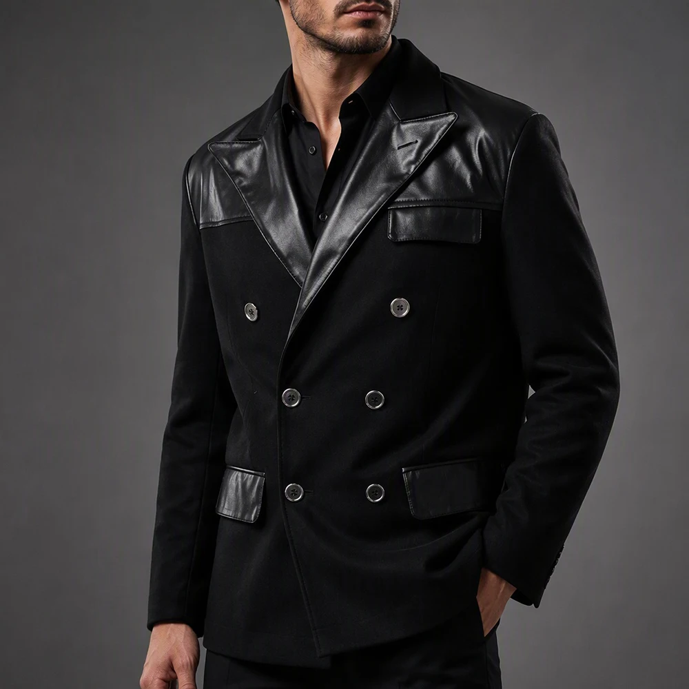 Men Pu Leather Patchwork Double Breasted Blazer Peak Lapel Long Sleeve Woolen Business Jacket Wedding Guest Party Formal Suit