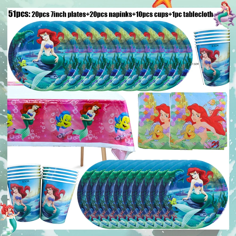 Disney The Little Mermaid Ariel Birthday Party Decorations Tableware Paper Cups Plats Napkins Balloons Baby Shower Supplies Kids