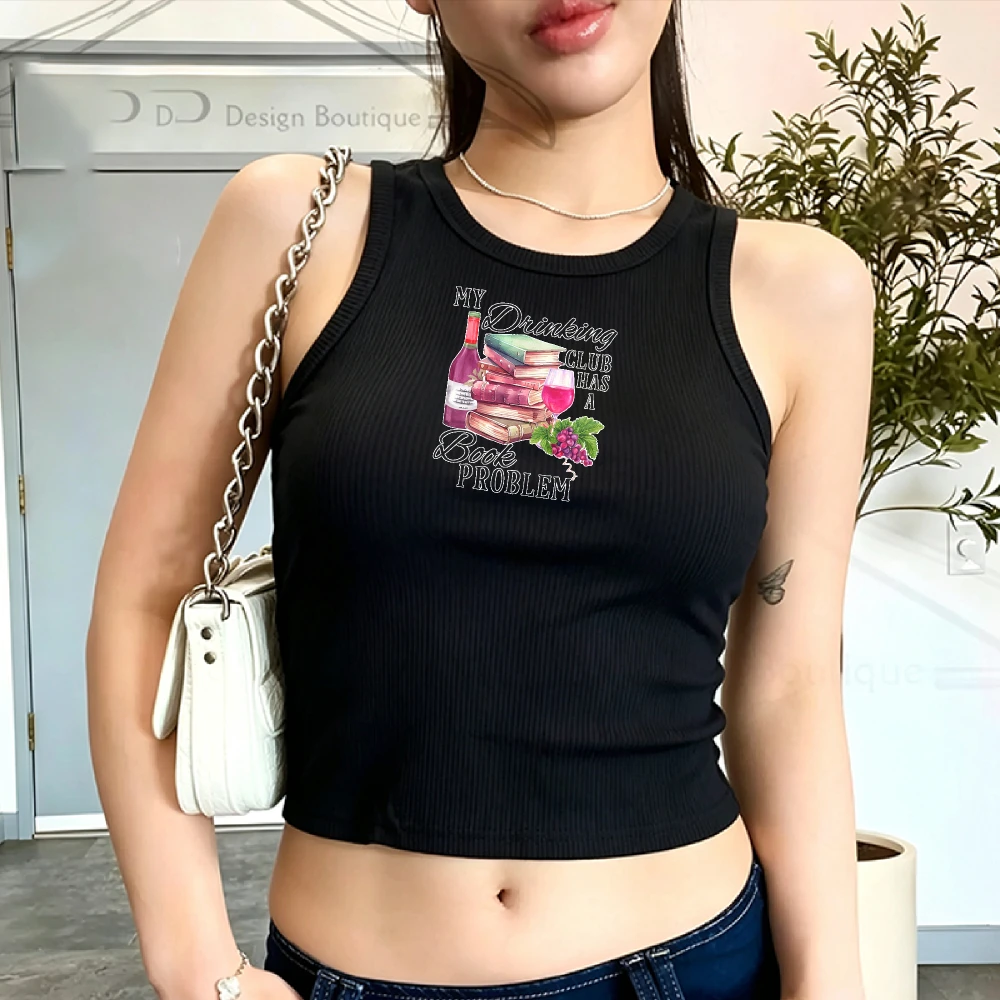 Y2k Top Wine Book Club Camisole Ribbed Tank Top Crop Womens Sleeveless Cropped Slim Reading Lover Daily Basic Fitted Tank Vest