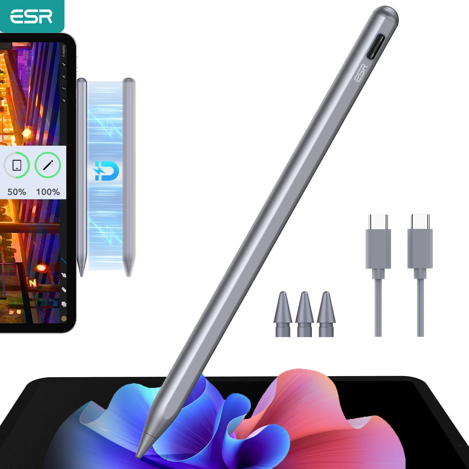 ESR for iPad Pro 11/12.9 Magnetic Wireless Charging Stylus with Palm Resistant and Dual Tip Writing for Air 4/5 for iPad mini 6