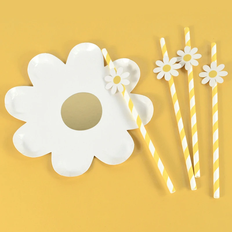 

10Pcs Daisy Paper Plate Straws Disposable Tableware White Daisy Flower Cake Tray for Kids 1st Birthday Party Decorations Wedding