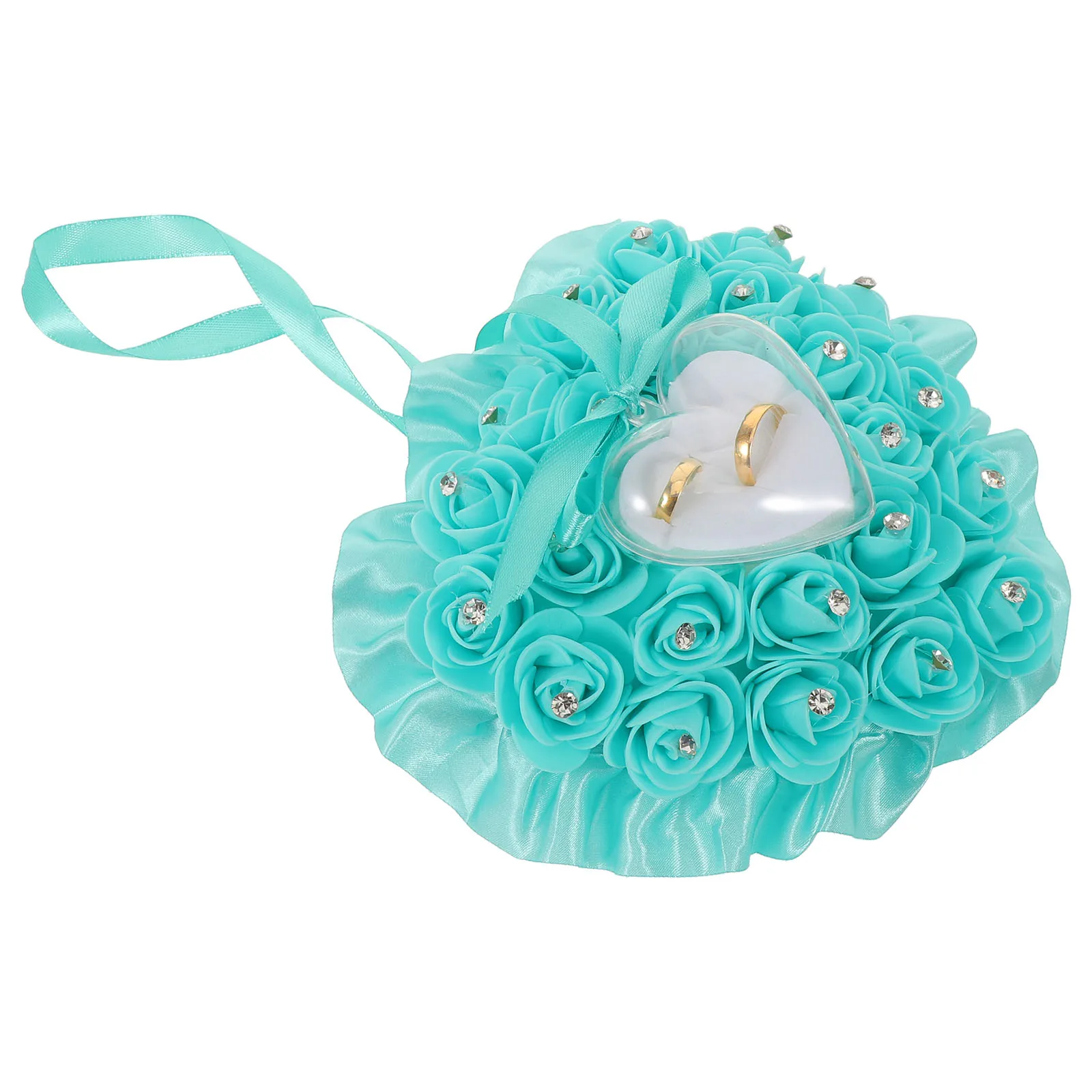 

2 Slots Heart Ring Pillow Bearer Box Blue Rose Wedding Jewelry Holder Earring Display Case Proposal Engagement Ceremony