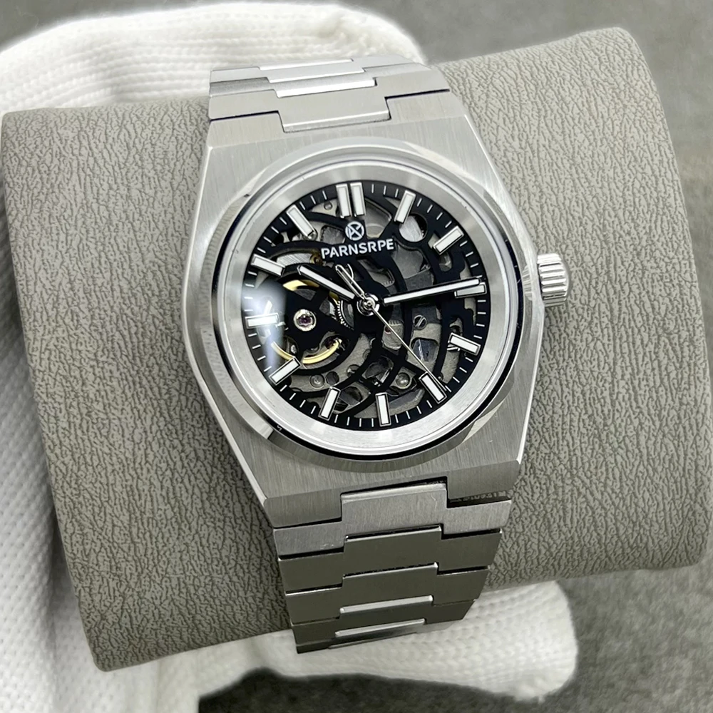 

PARNSRPE Open Heart Mechanical Watch NH70 Automatic Movement 40mm Skeleton Dial Sapphire Glass Stainless Steel Case Men's Wristw