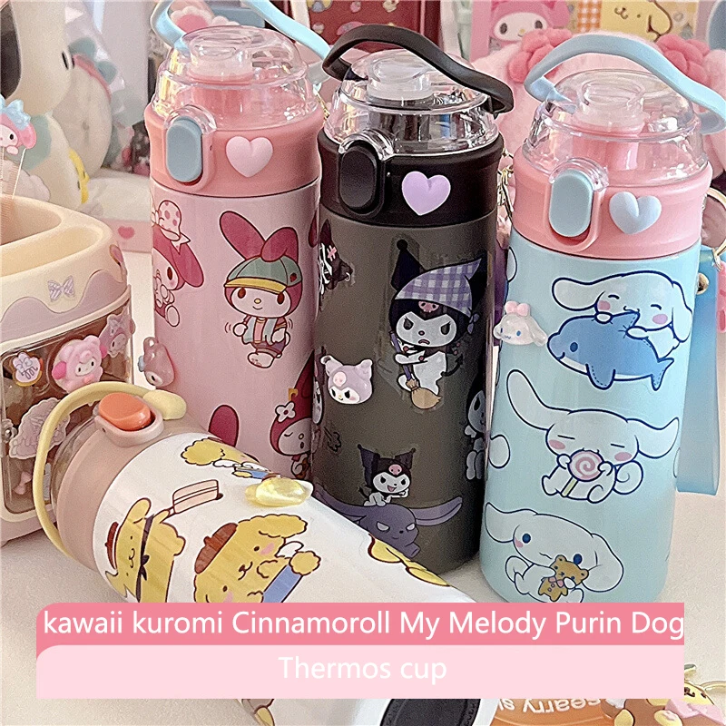 

Kawaii Sanrio Cinnamoroll Cartoon Straw Thermo Cup Anime Kuromi My Melody Children Travel Drink Bottle Cute Student Girl Gift