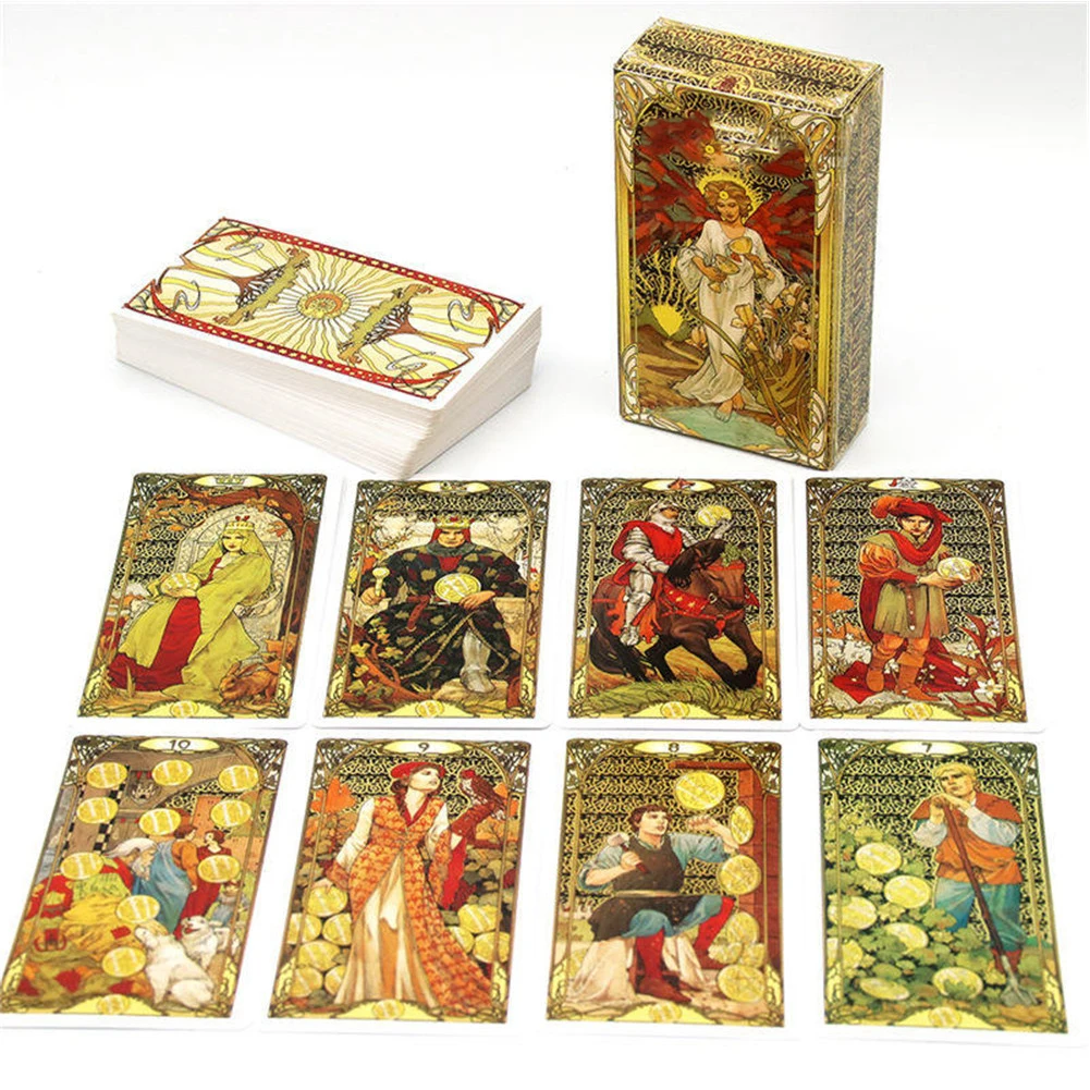 Golden Art Nouveau Tarot Cards Family Party Supplies Tarot Deck with Guidebook English Version Tarot Oracle Cards for Beginners