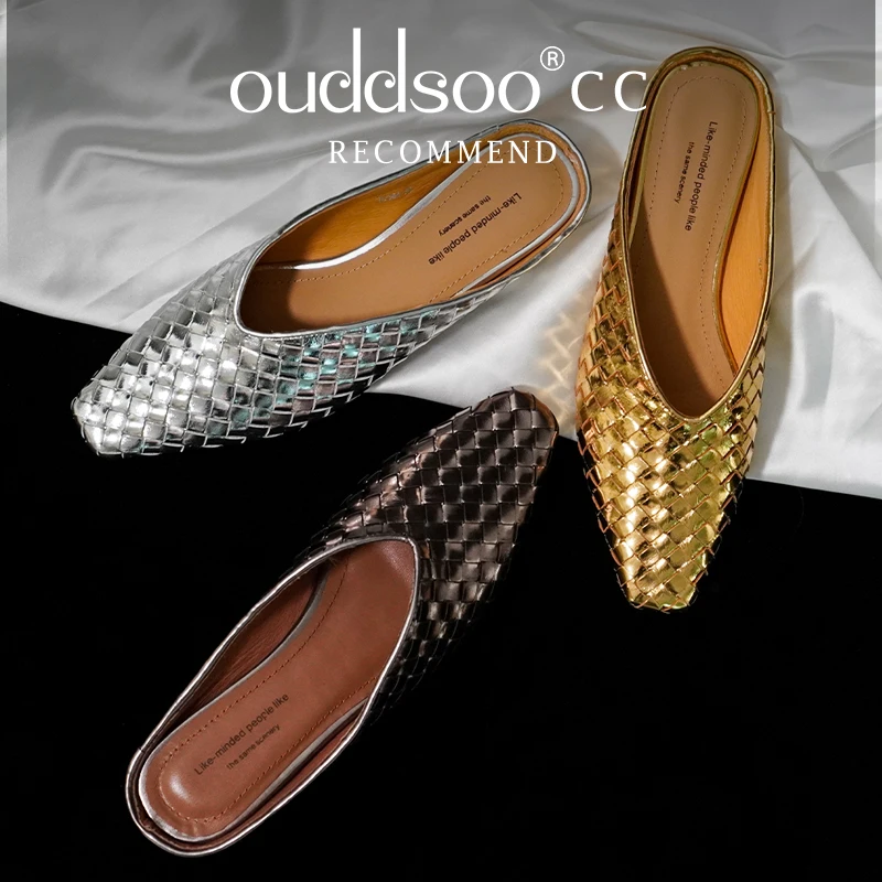 

Ods Gold Silver Luxury Brand Mules Slippers Woven Paty Square Toe Flat Heel Slip-On Design Casual Daily Footwear Spring Summer