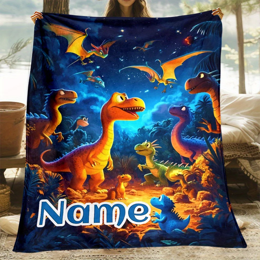 1pc Custom Name Cute Dinosaur Family Printed Blanket Lightweight Flannel Sofa Throw Suitable for Sofa, Bed, Travel, Living Room