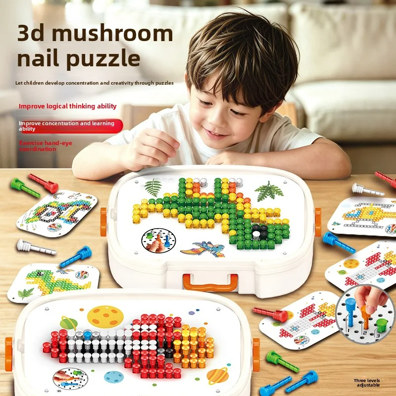 Sorting & Stacking Toys STEM Sensory Toys, 3D Pegboard Mushroom Nail Puzzle Building Blocks with Storage Box Back To School Educ