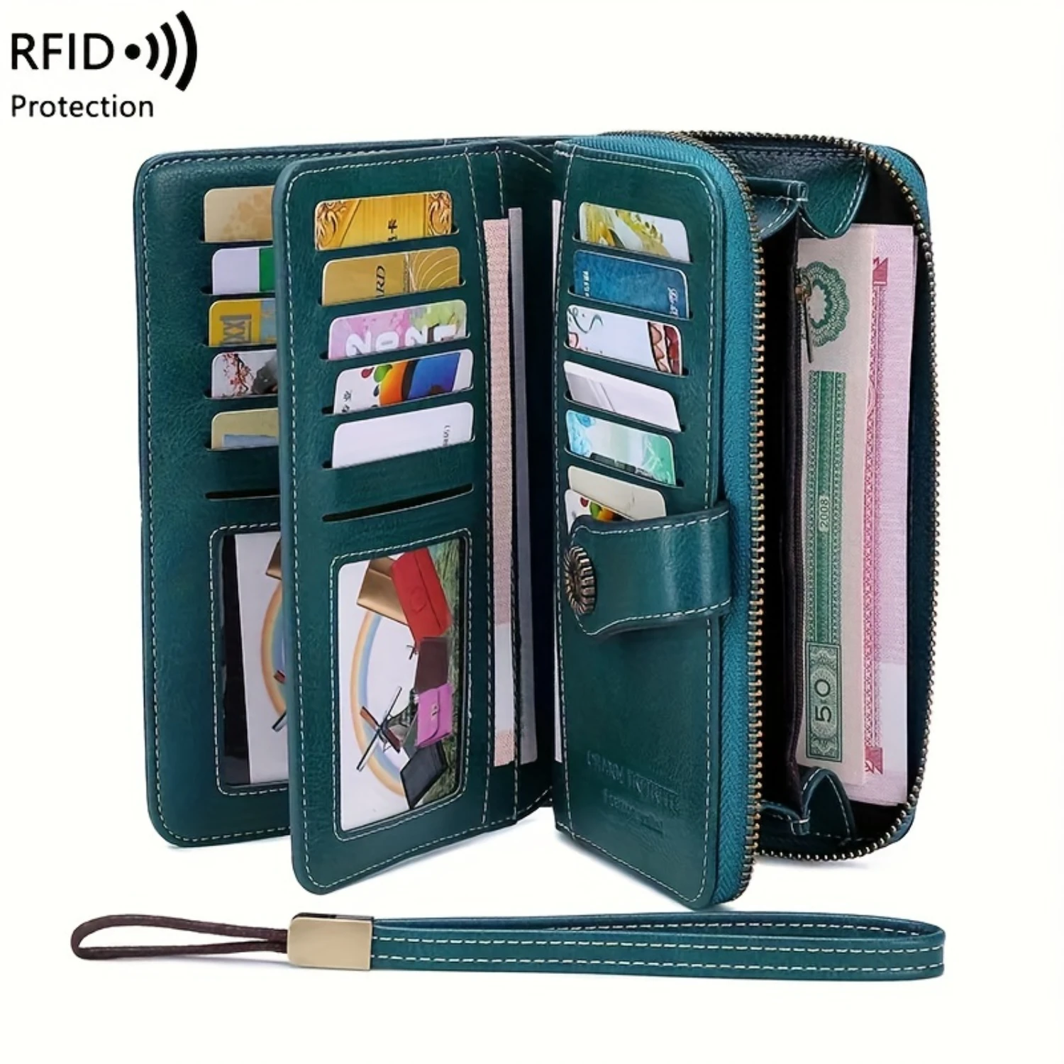 RFID Blocking Large Capacity Long Wallet PU Leather Solid Color Women's Purse with Wrist Strap - Multi-Functional Zipper Wallet