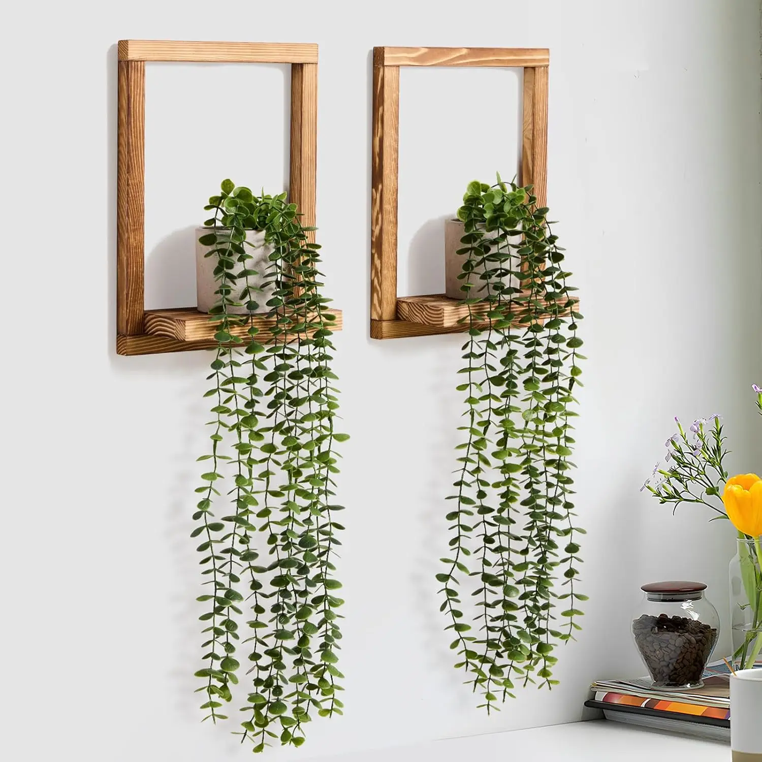 

2 Pack Wooden Shelves with Fake Plants for Wall Decor, Modern Farmhouse Style