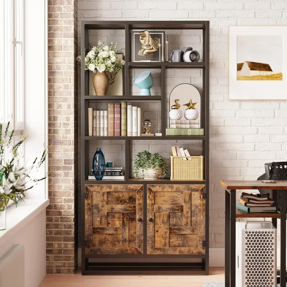 أرفف كتب وخزائن كتب من IRONCK، رف كتب عريض 35.4 بوصة مع أبواب، رف كتب طويل 6 طبقات هندسي مع خزانة تخزين #1