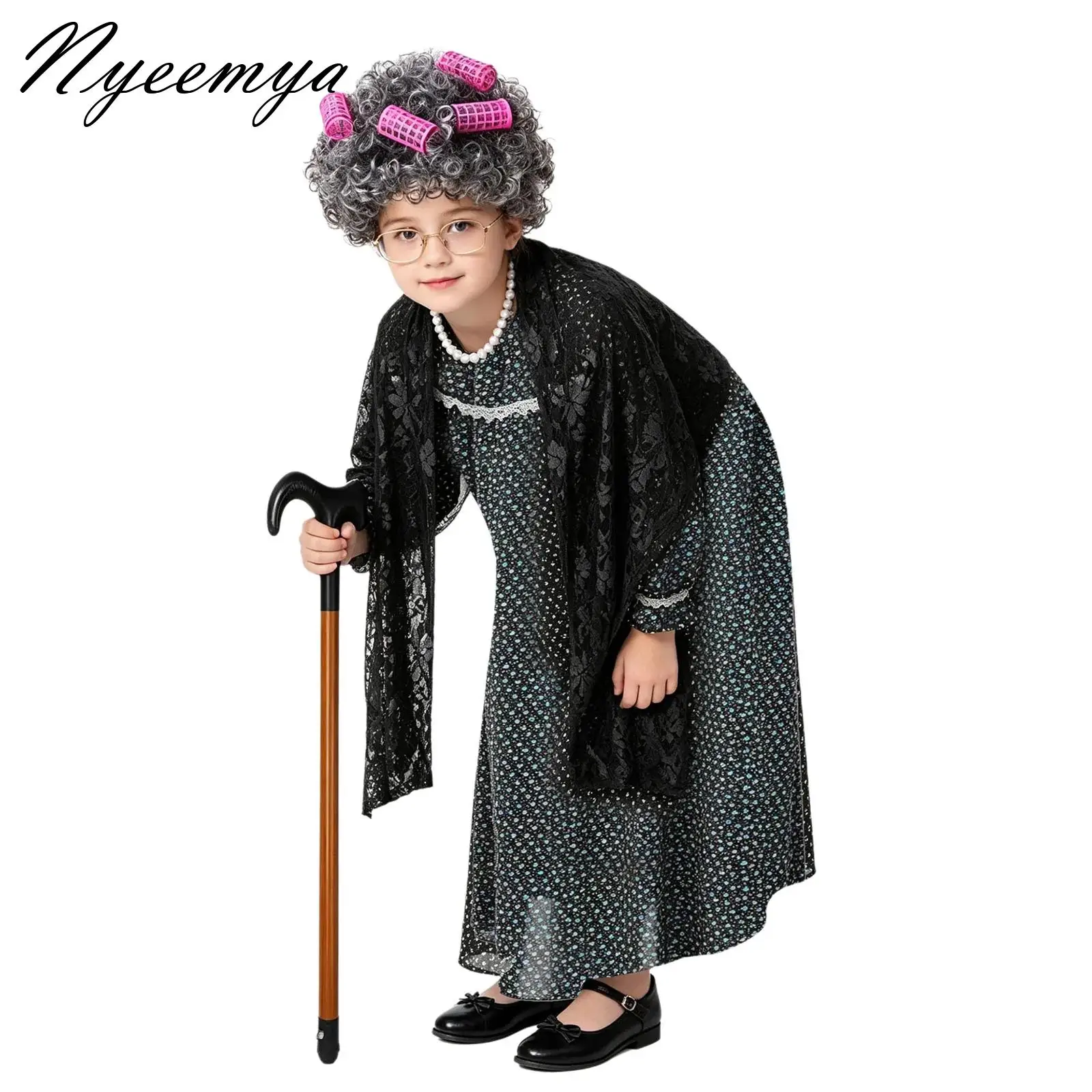 

Girls Grandma Costume Accessories Set Old Lady Granny 100 Days of School Child Girls Dress Halloween Costume Deguisements Party