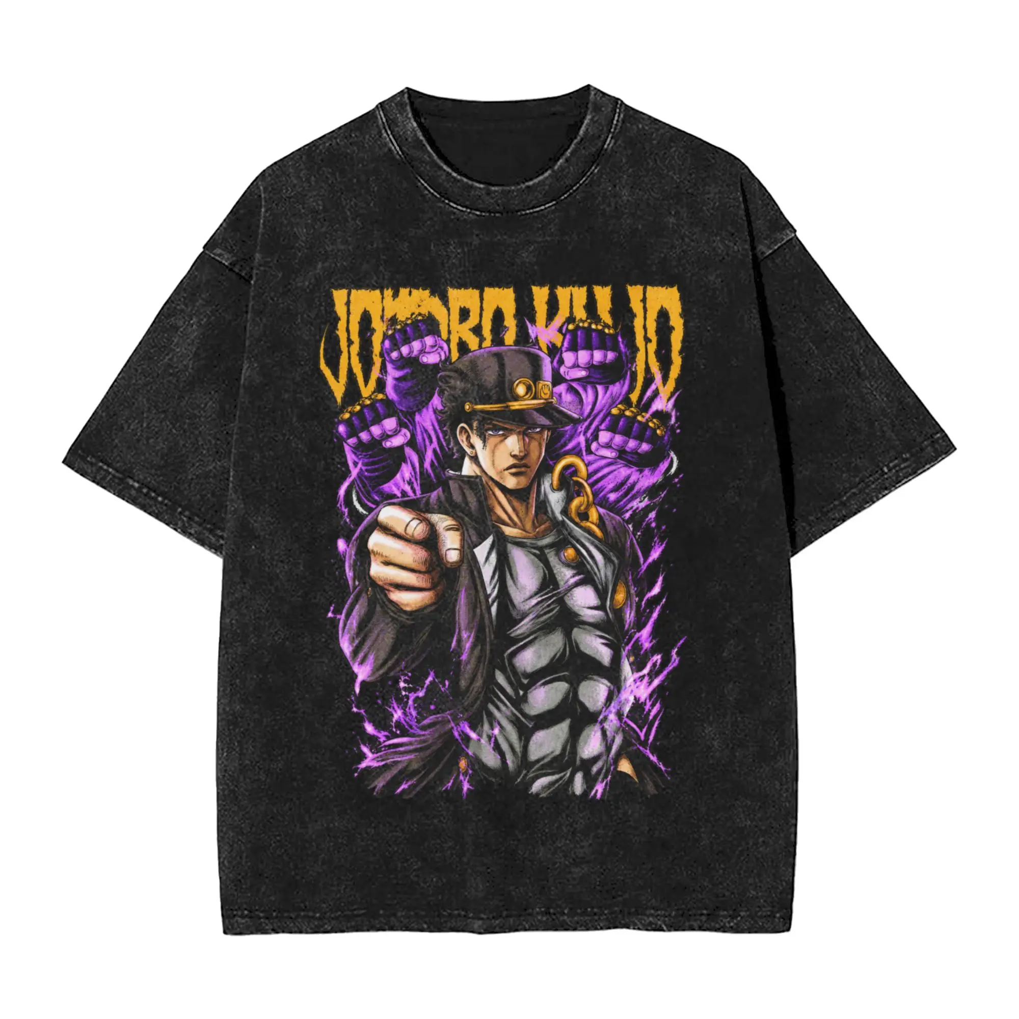 Crazy Jojo's Bizarre Adventure Jotaro Kujo Purple T-Shirts Men Crew Neck Washed T Shirt  Short Sleeve Tee Shirt Summer Tops