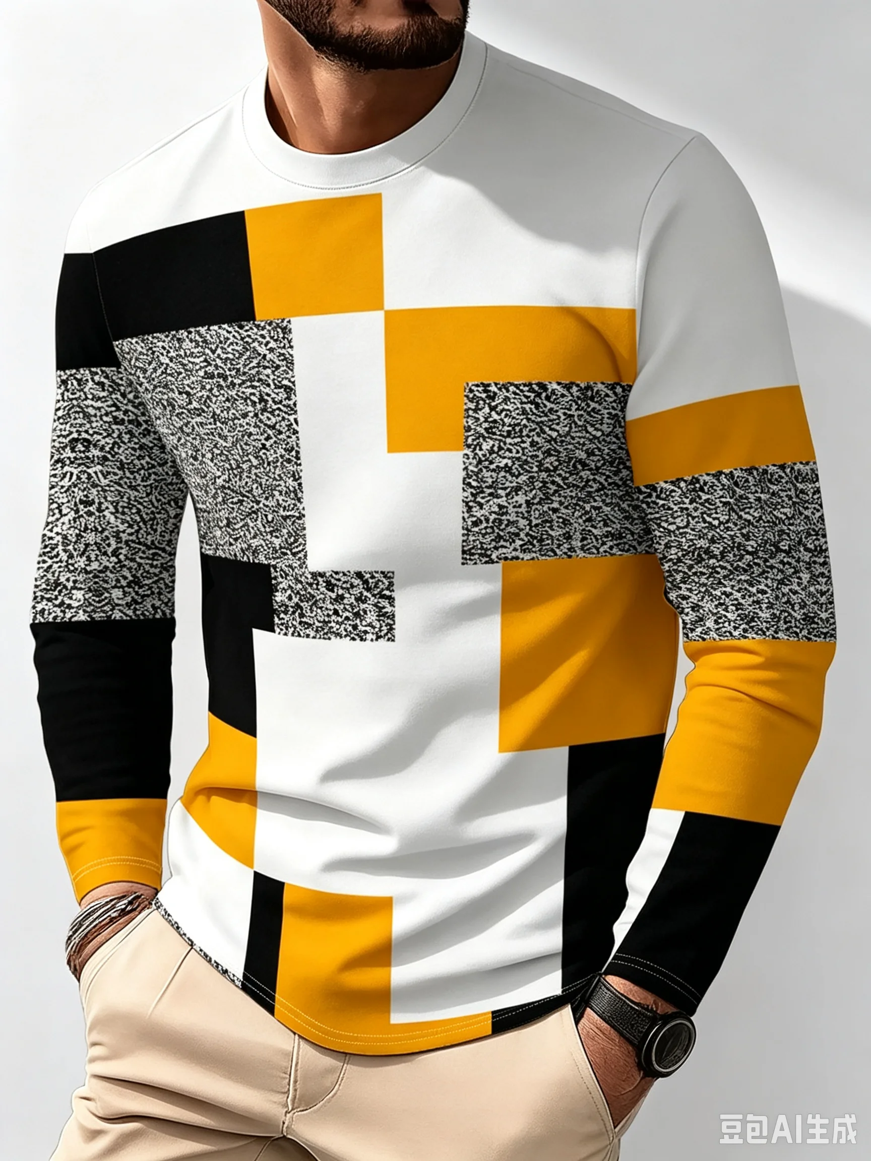 Men's Long-Sleeved T-Shirt Colorful Irregular Plaid Graphics O-Neck Spring Autumn Outdoor Sports Tops Tees Casual Men's Clothes