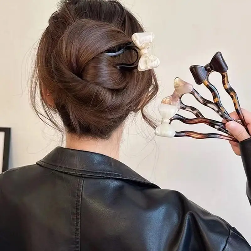 French Hair Pin Hair U Shaped Hair Pin Cute Aesthetic Women Headpieces Bow Tie Chinese Coiled Hair Fork For Women Girls