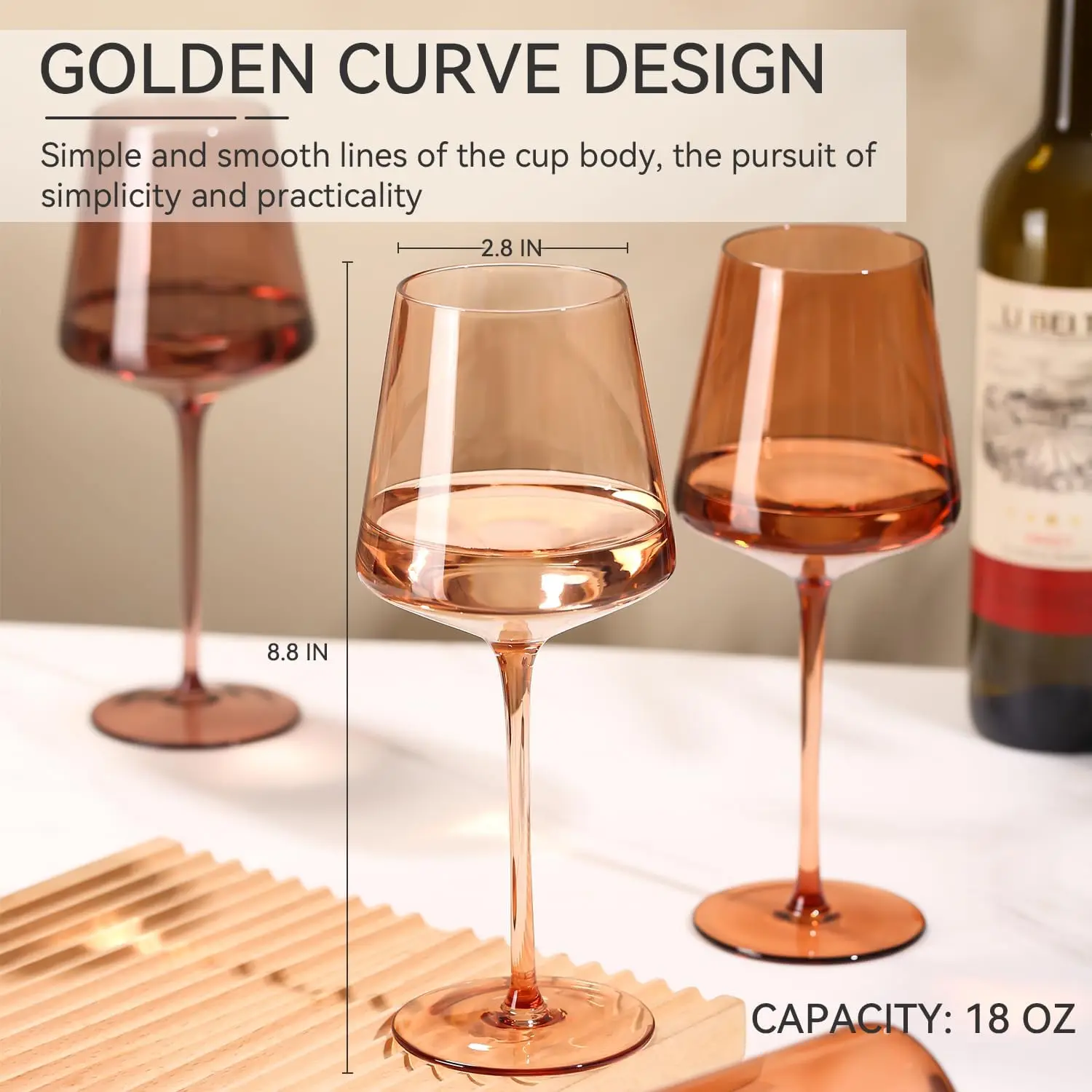 Brown Wine Glasses Set of 6-18oz[Hand Blown] Crystal Amber Stemmed Venus - for Fall Autumn Winter Dinner