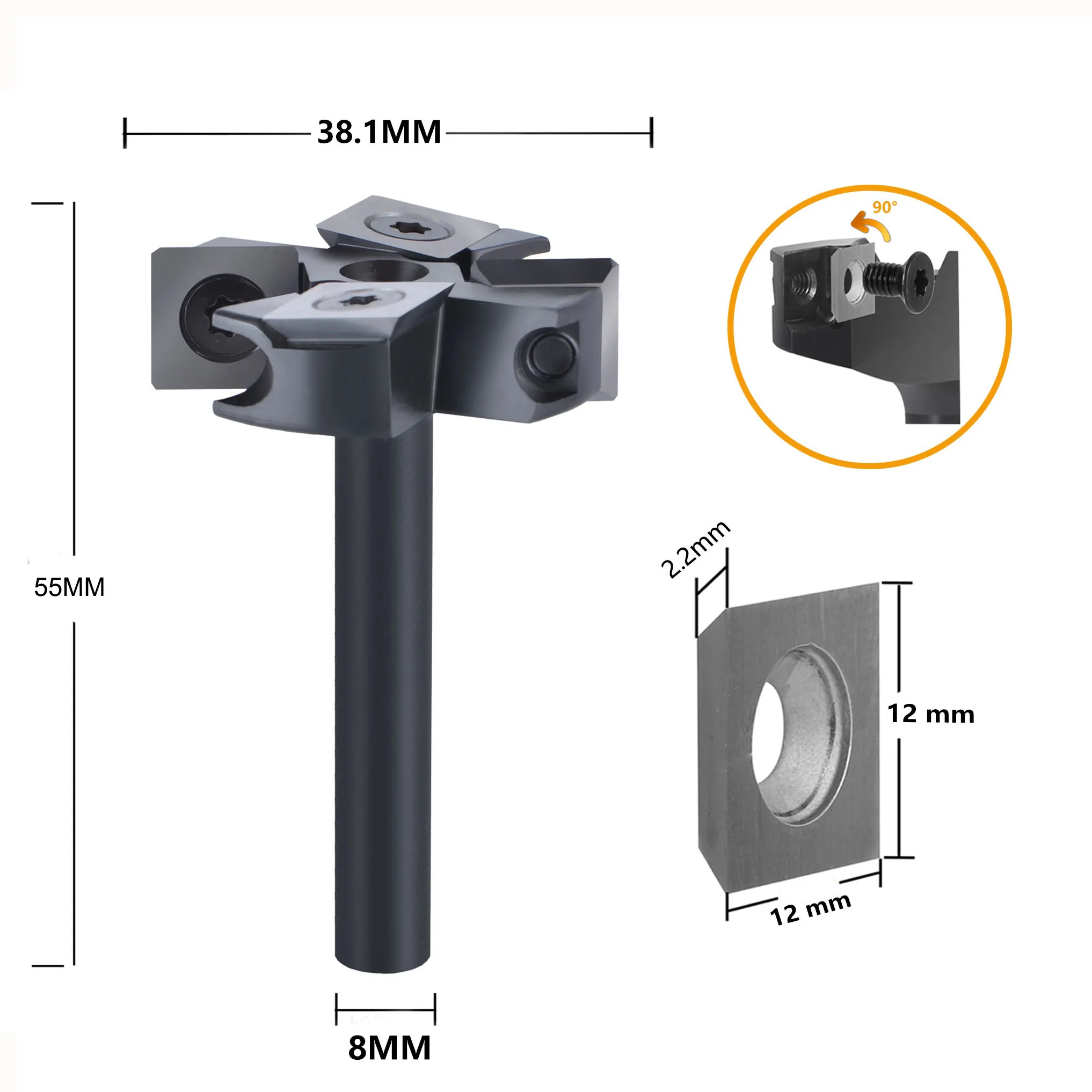 Dreanique 2-Spalt-Holzhobelfräser 38,1 mm 45 mm Schnittdurchmesser 8 12 mm Schaft Spoilboard-Abflachfräser Hartmetall-Einsatz für Platten – Detail 10