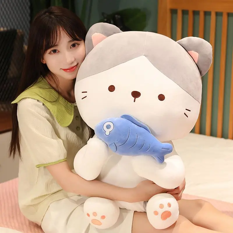 60cm Kawaii Sitting Cute Eat Fish Cat Plush Toy Soft Stuffed Cartoon Animal Pussy Doll Photography Props Home Decor