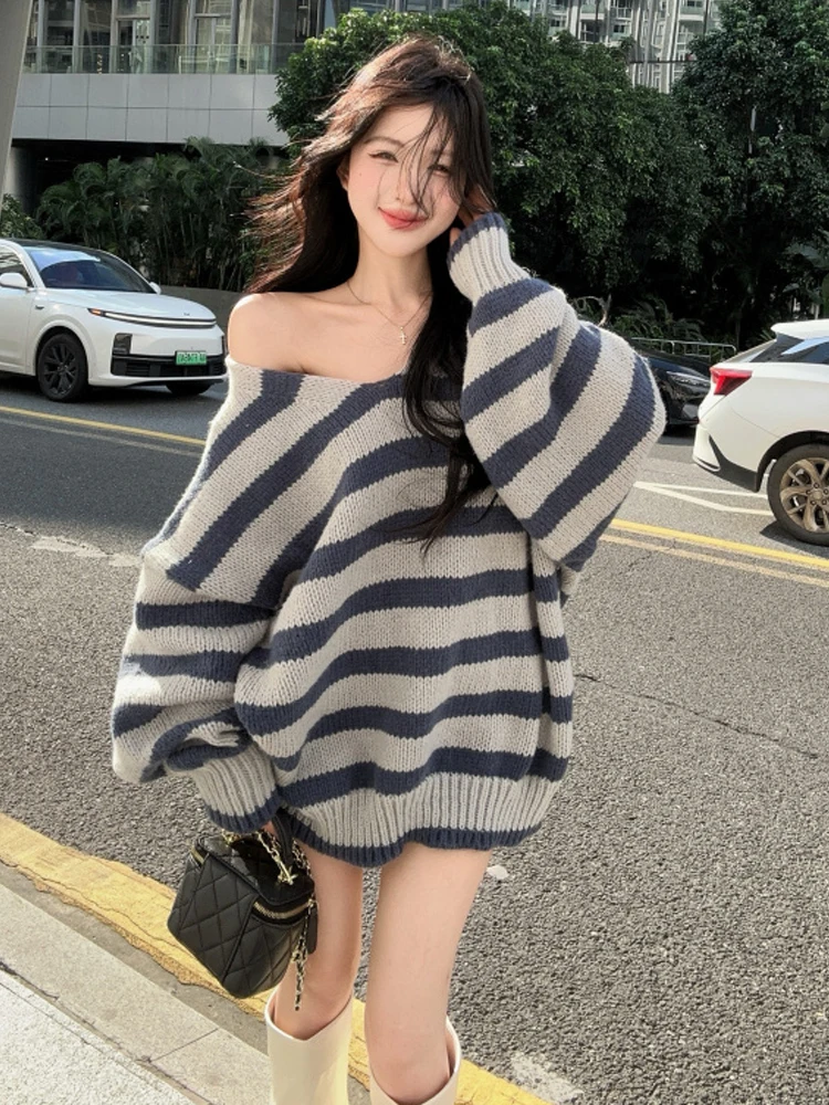 

Утягивающий трикотаж в полоску с v-образным вырезом, свободный крой, длинный све, сексуальный повседневный трикотаж для поездок на работу, осень-зима, модные женские...
