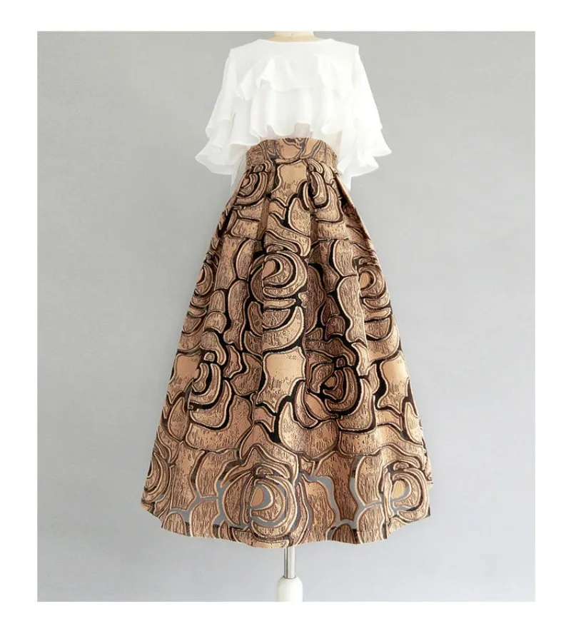 Khaki Geometrische Vintage Hohe Taille Ballkleid A-linie Lose frauen Rock Knielangen Lange Röcke Für Frauen Kleidung Mode – Detail 6
