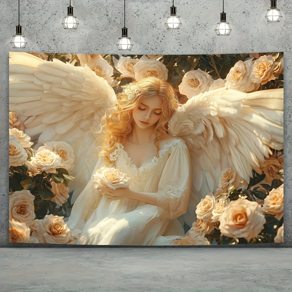 Angel with white wings holding rose floral background fantasy art wall decor romantic bedroom decoration spiritual artwork home