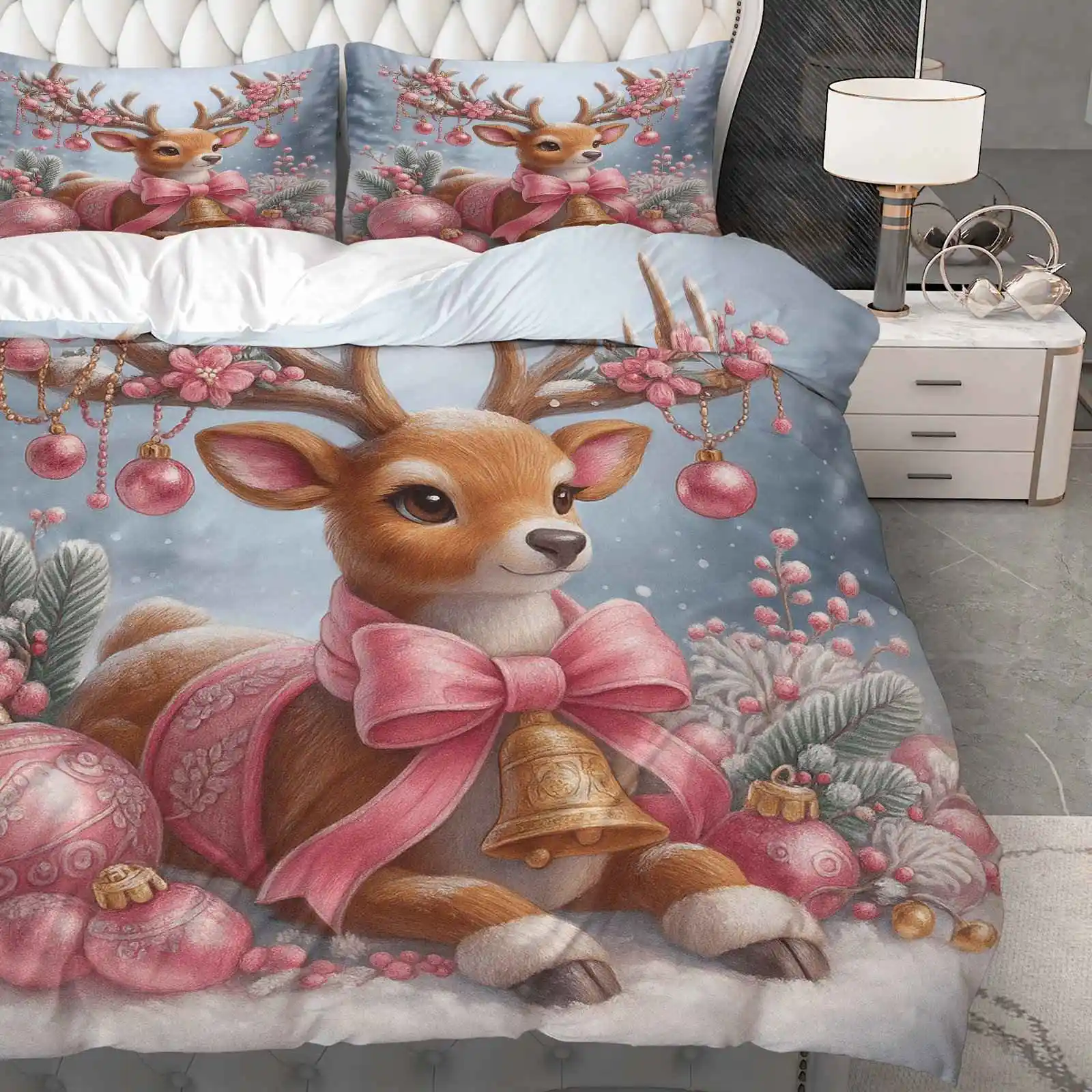 3pcs Duvet Cover Set, 1 Duvet+2 Pillowcases Pink Christmas Deer Winter Snow Scene Theme, Christmas Bedding Set Queen King Size