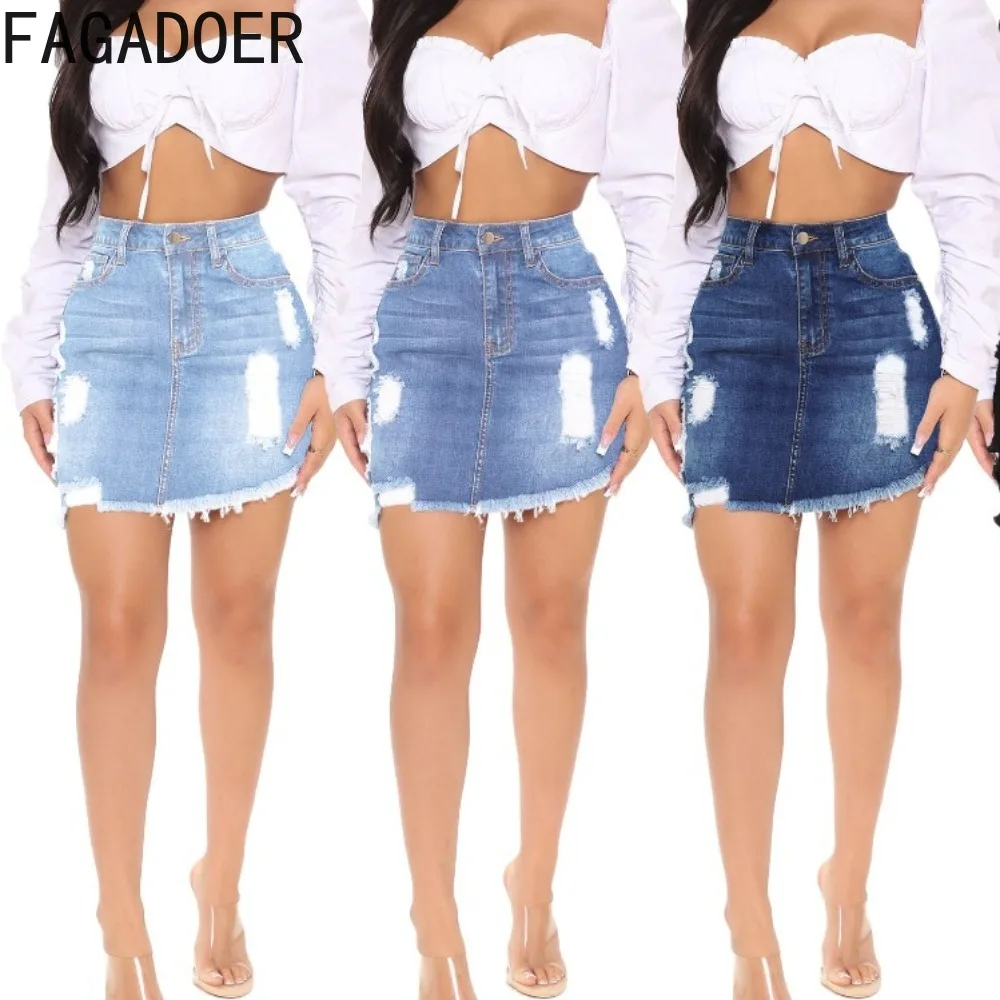 

FAGADOER Casual Basic Denim Skirt Women High Waist Elastic Slim Mini Skirts Blue Black Jeans Skirts Women Bodycon Sheath Skirt