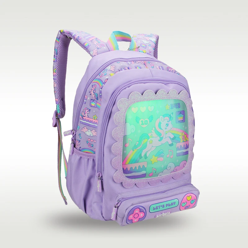 Mochila para crianças, material escolar, forma de desenho animado de unicórnio roxo, bolsa escolar original para meninas, venda quente, smiggle australiano, 14 pol