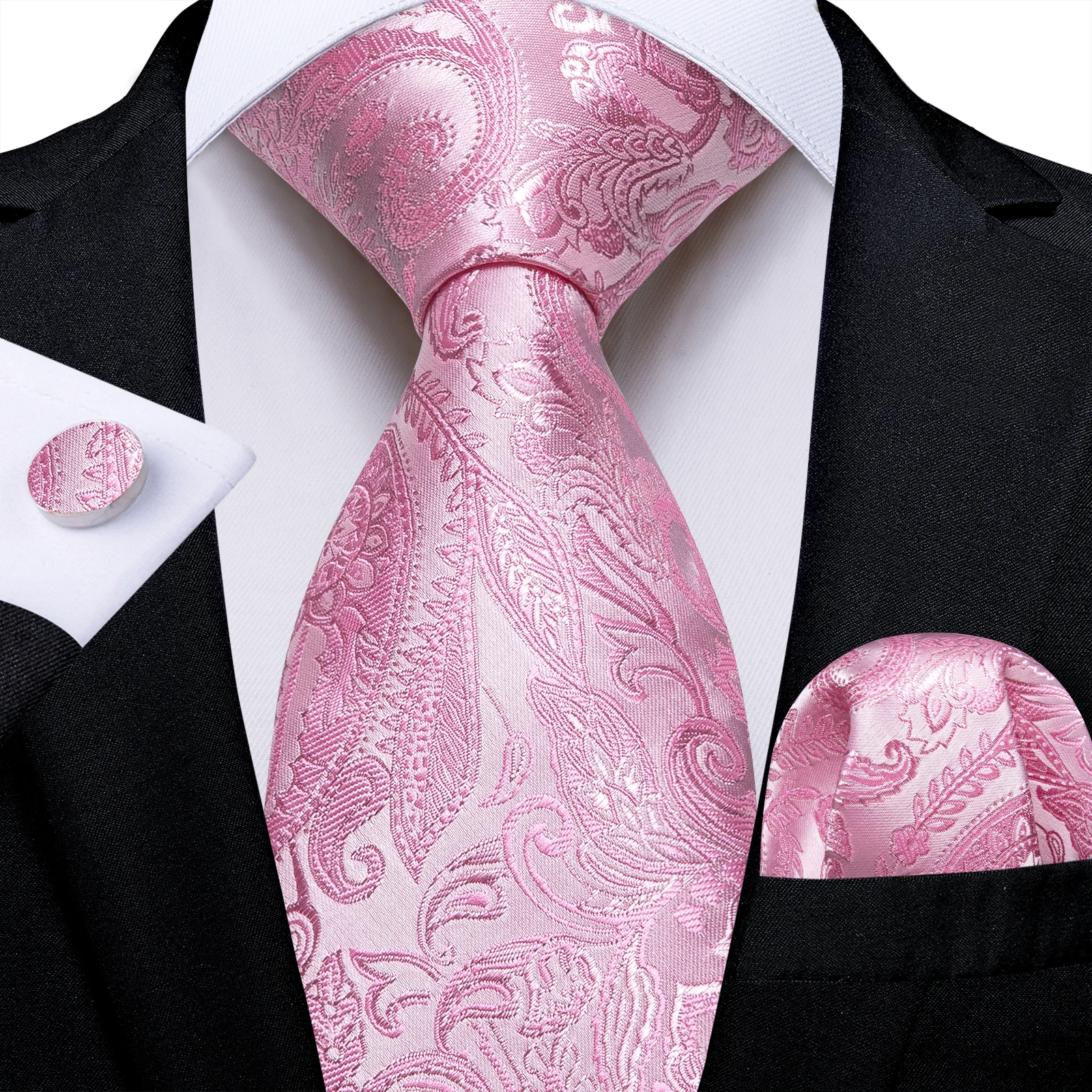 Rosa kariertes Paisley-gestreiftes, solides Business-Hochzeitskrawatten für Männer, Bräutigam-Accessoires, 8 cm Krawatten-Set, Taschentuch, Manschettenknöpfe, Geschenk – Detail 14