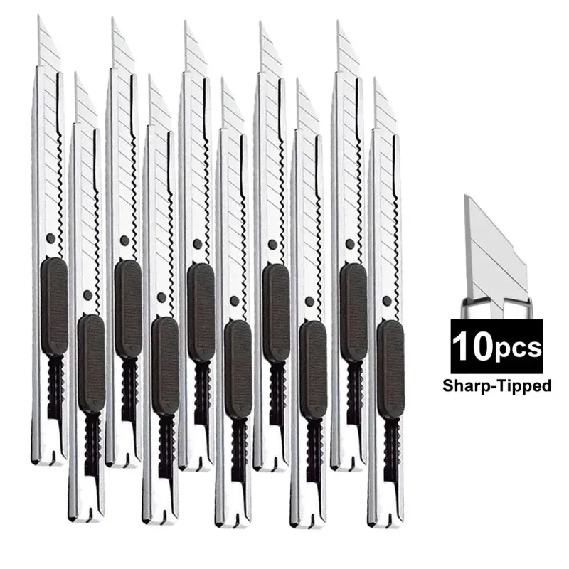 10Pcs Stainless Steel Utility Knife Set - Non-Slip Blades Box Cutter & Paper Cut Tool Kit for Unboxing, Crafting,and General DIY