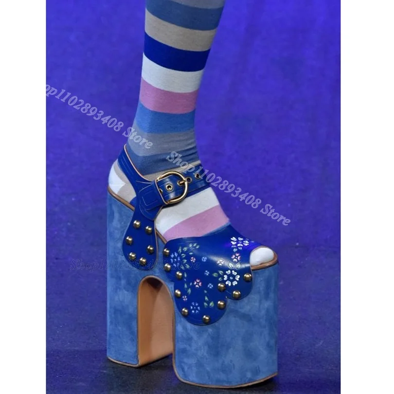 Lila Nieten-Verzierte Plateau-Sandalen mit Knöchelriemen, Peeptoe und Blockabsatz, Modische Damenschuhe, Zapatos Para Mujere