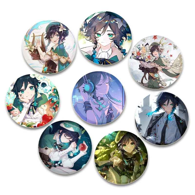 Figura de dibujos animados Venti Jean, broche con estampado HD, insignia de Anime Genshin Impact, broches de exhibición redondos, alfileres de solapa, accesorio de regalo de joyería