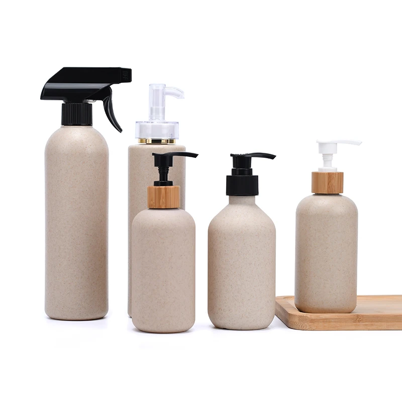 100ML Biodegradable eco friendly plastic wheat straw lotion bottle with bamboo spray cap nozzle cap 30ml 250ml 300ml 400ml 500ml