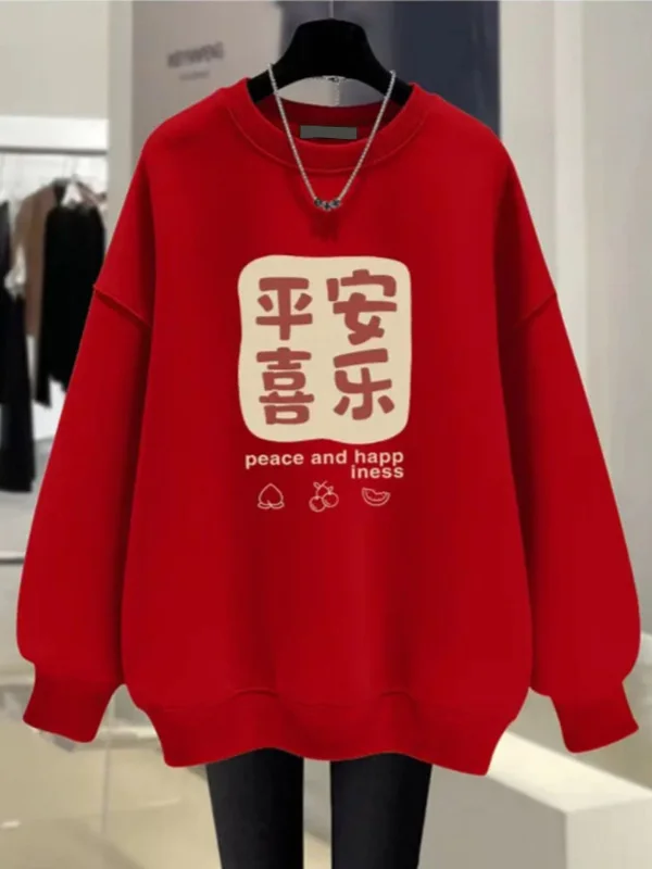 

Молодежная хлопковая толстовка большого размера (до 300 фунтов), красная, с круглым вырезом, новая коллекция 2026 года, зимняя, с длинным рукавом