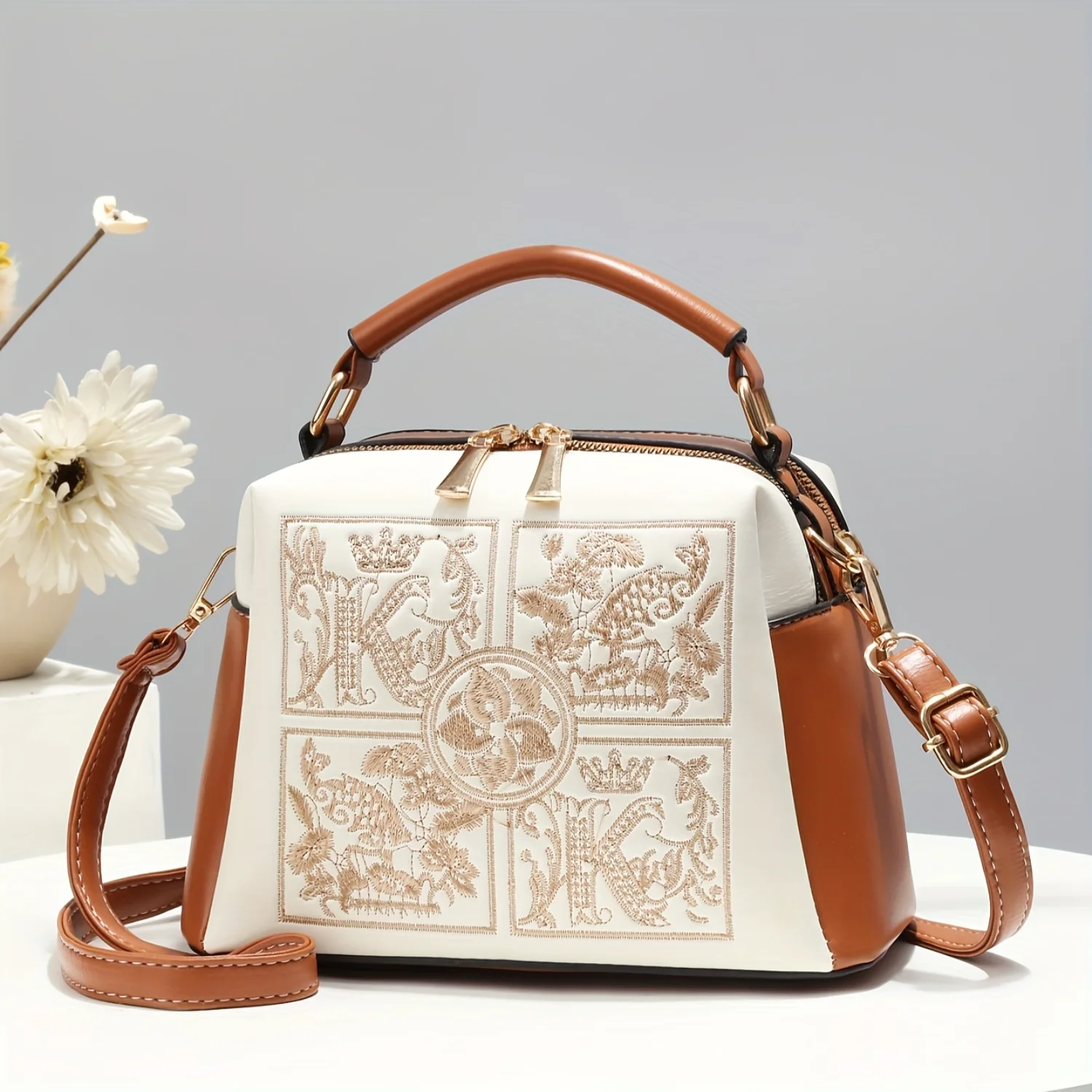 Timeless Chic - Embroidered Retro Satchel Bag - Premium PU Leather, Fashion-Forward Color Contrast, Versatile Shoulder Handbag