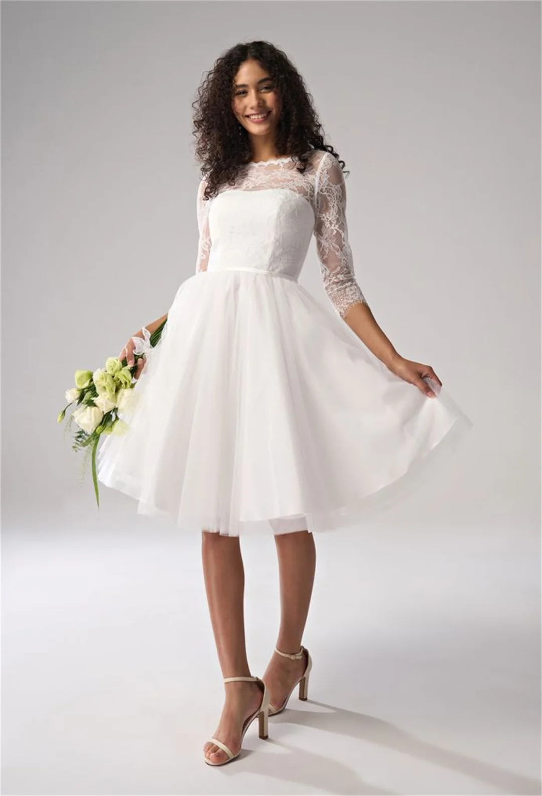 

Vintage Tulle Lace Wedding Dresses Three Quarter A-line Knee-Length Bow Belt Prom Evening Gowns Chic Elegant Brides Wedding Gown