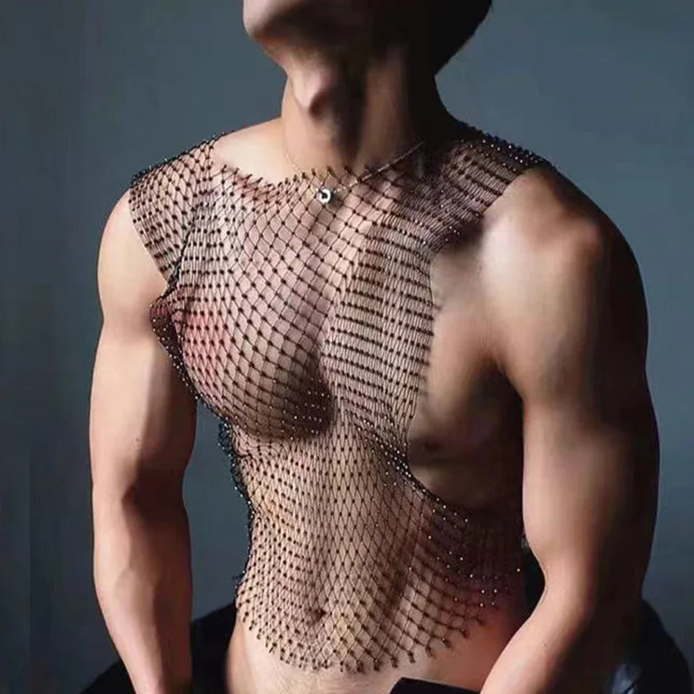 Mens Flash Diamond Vest Mesh Navel Tank Tops Sexy Fishnet Perspective Personality T-Shirt Trend Nightclub Unisex Sexy Underwear