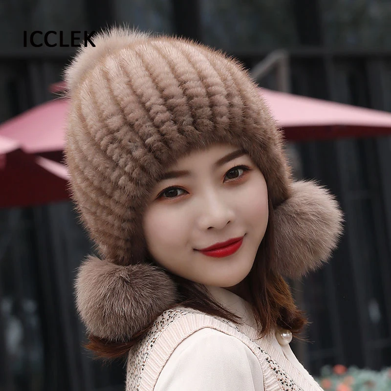 

Real Mink Fur Hat Women Winter Knitted Mink Fur Beanies Hats Bomber Cap With Fox Fur Pom Poms Thick Warm Female Russian Fur Hat