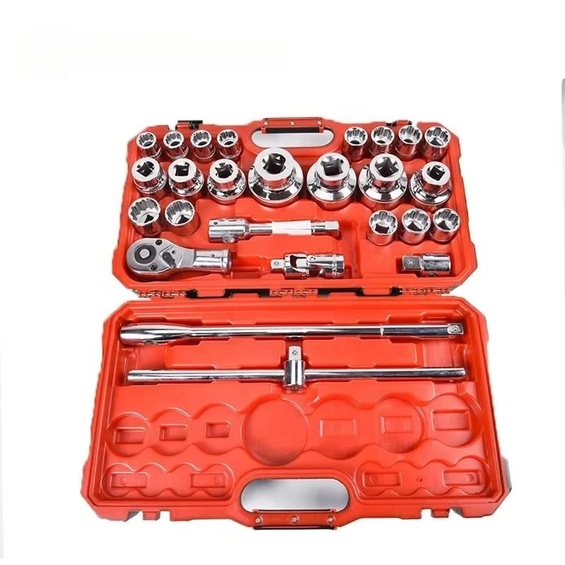 26Pcs 3/4 & 1 Inch Drive Socket Wrench Kit CR-V Chrome Vanadium Steel Large Size  Repair Hand Tools Portable Plastic Storage Box