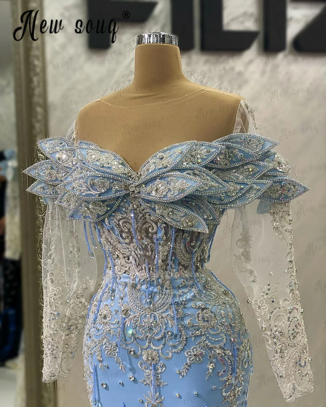 Leaf Design Light Blue Wedding Party Dress Sparkle Beaded Mermaid Prom Gowns Custom Made Vestidos De Noch Celebrity Dresses