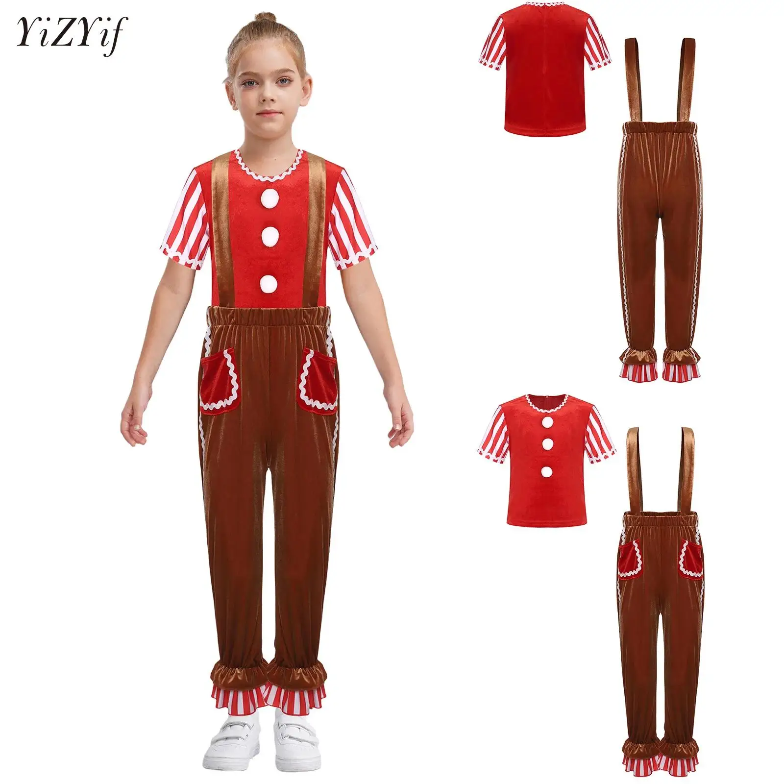 

Girls Christmas Gingerbread Man Cosplay Costume Xmas New Party Party Stage Outfit Stripe T-shirt+Pants Holiday Sweetie Dress-up