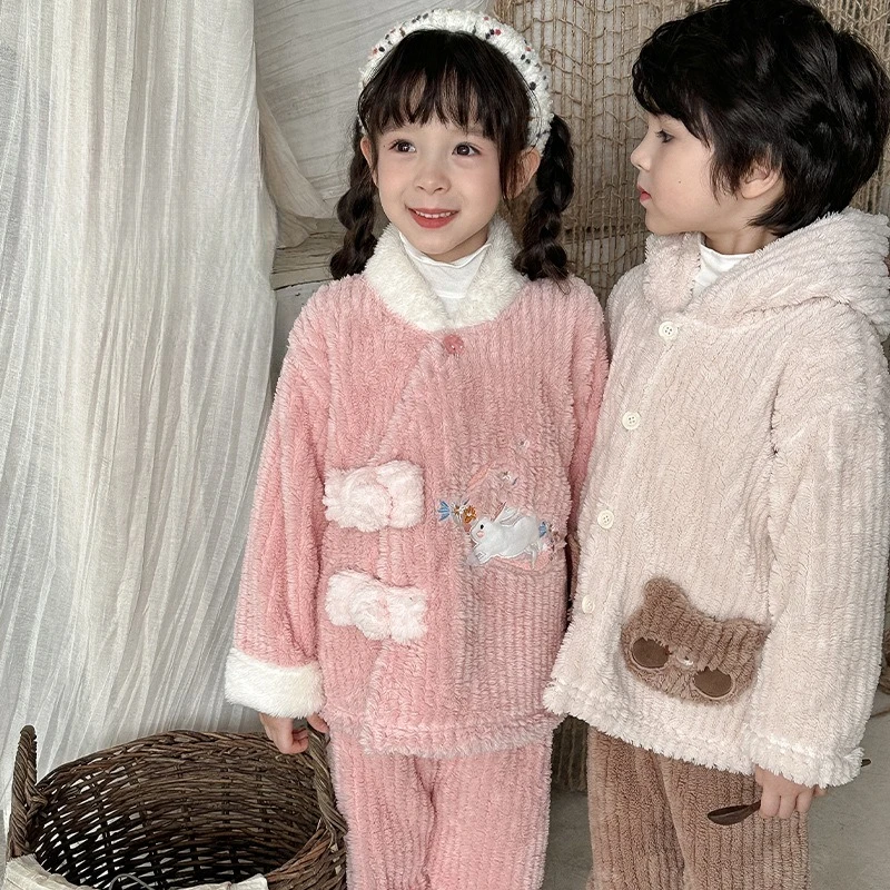 

2025 Fall/Winter Children's Soft Glutinous Double-Sided Loungewear Bear Plush Pajamas Baby Set