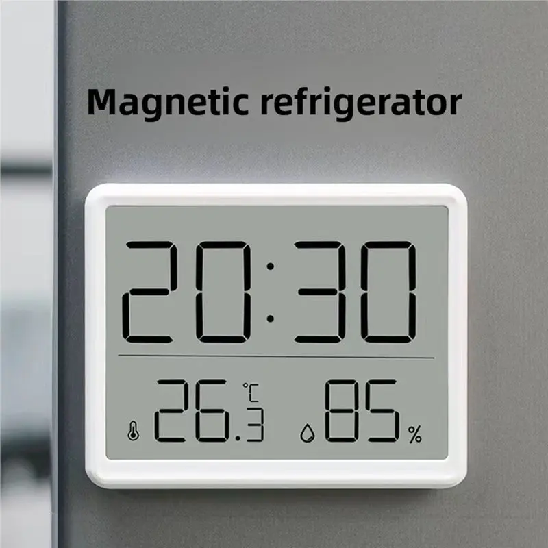 ABQU Digital Wall Clock with LCD Screen Alarm Temperature Humidity Display Adhesive Mount Kitchen Electronic Timepiece White