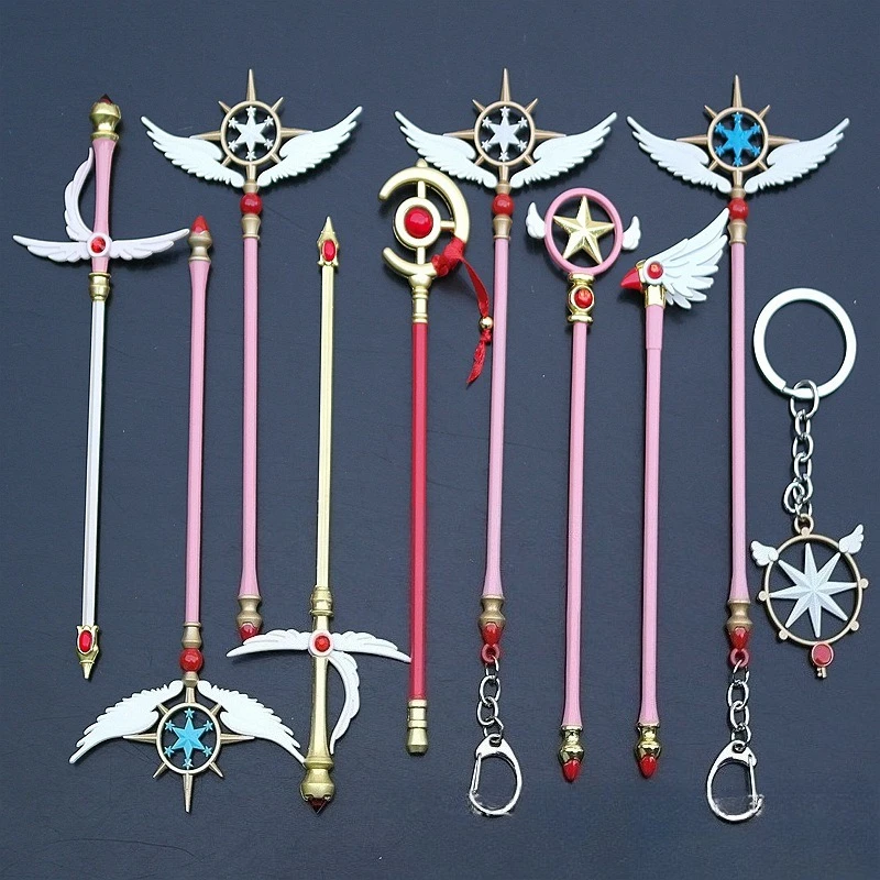 كاردكابتور ساكورا كورو بطاقة الصولجانات السداسية ستار عصا سحرية قصب ستار عصا معدنية نموذج عرض مكتبي مجموعات الحلي