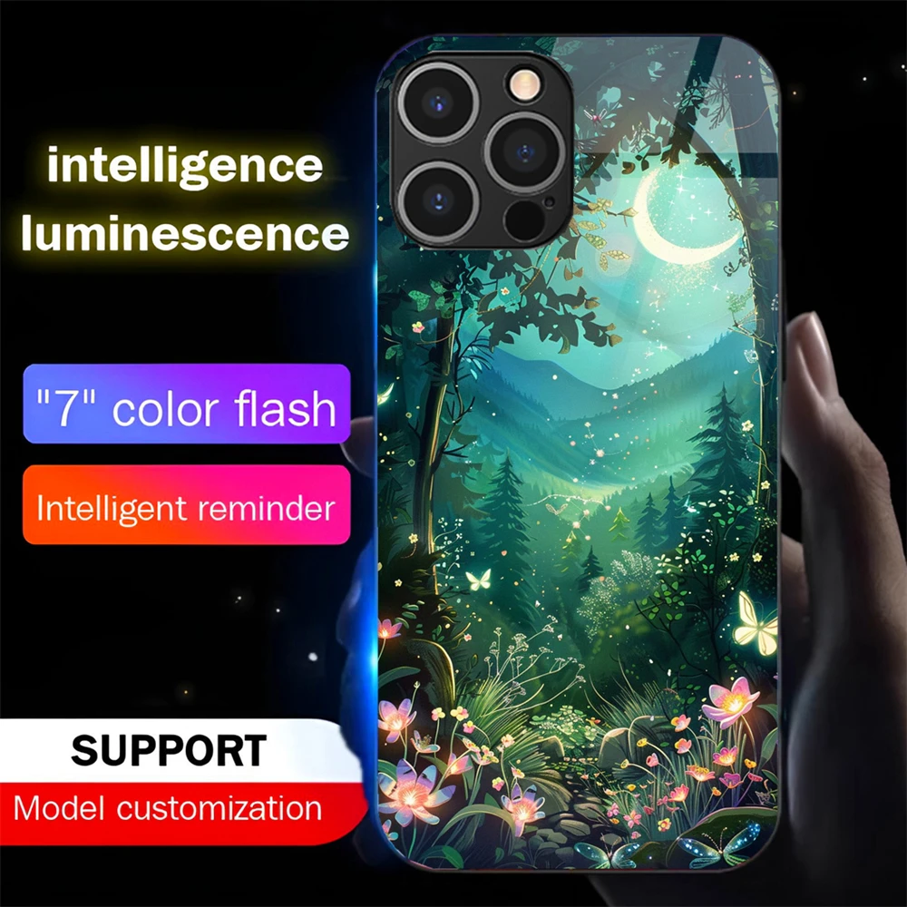 

Pretty Dreamy Forest LED Light Up Glass Phone Case Back Cover For iPhone 16 E 15 14 13 12 11 Pro Max X XS XR Plus SE