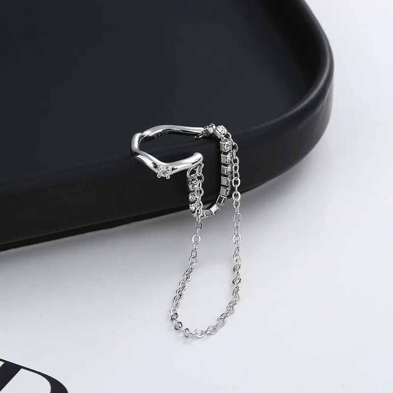 CIAXY Silver Color Right Ear Clip with Zircon Double Chain Tassel Fake Earrings Ear Cuffs for Women Hiphop Rock Jewelry