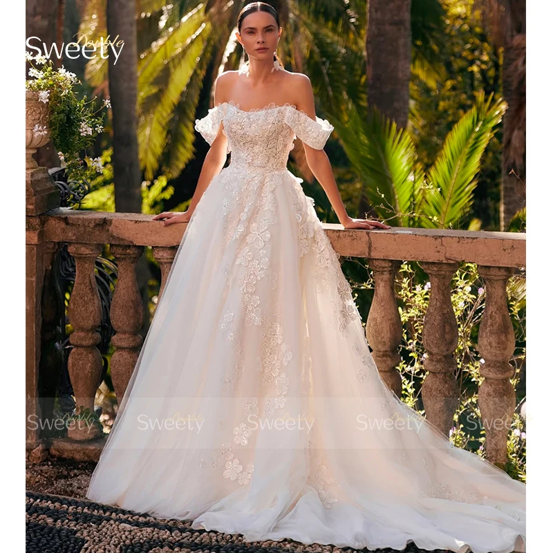 Vestido De Novia con hombros descubiertos, corte en A, Organza con bordado, Vestido De baile, cuello barco, sin mangas, Vestido De Novia personalizado